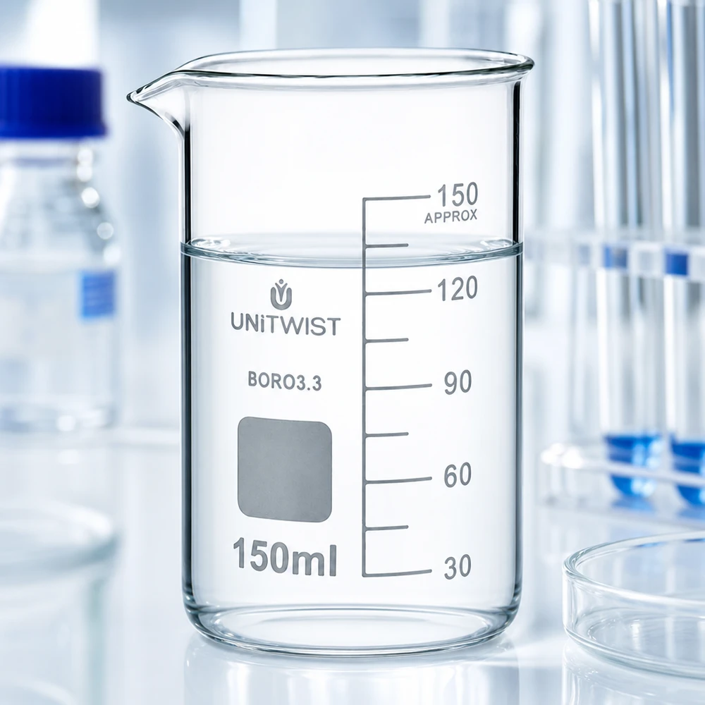 Bécher 150ml borosilicate, forme haute UNITWIST Gros plan sur le verre à mesure UNITWIST de 150 ml, modèle haut, en borosilicate, avec graduation : 30, 60, 90, 120 et 150 ml