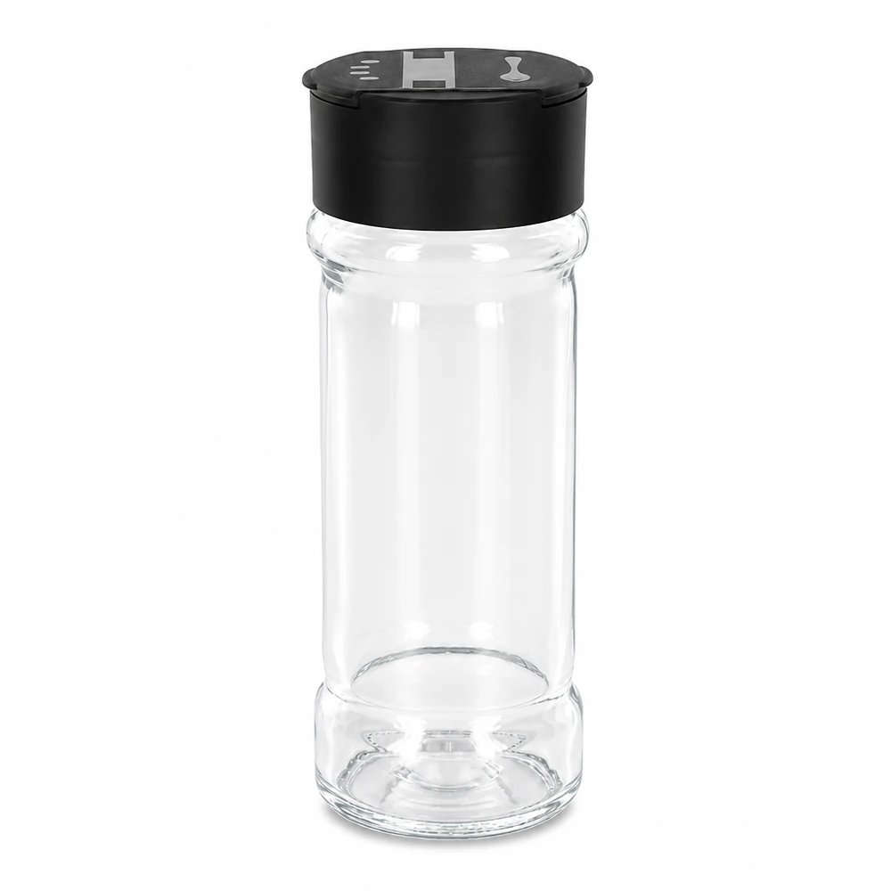 Pot à sel/épices 100 ml avec double saupoudreuse, noir Petit bocal en verre de 100 ml muni de deux ouvertures pour saupoudrer le sel et les épices