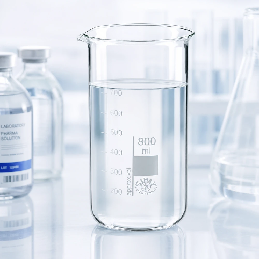 Bécher 800ml en verre borosilicate résistant à la chaleur (forme haute) Laboratoire de chimie : bécher de 800 ml de forme haute, avec un flacon d'Erlenmeyer en arrière-plan, sur une surface réfléchissante