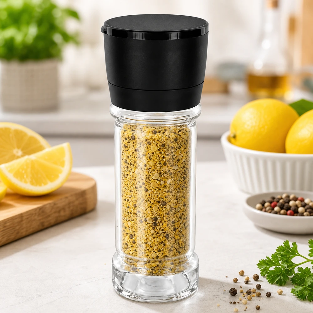 Pot à sel/épices 100 ml avec moulin Vario noir Pot à épices au poivre citronné de 100 ml avec moulin noir Vario, devant des citrons frais