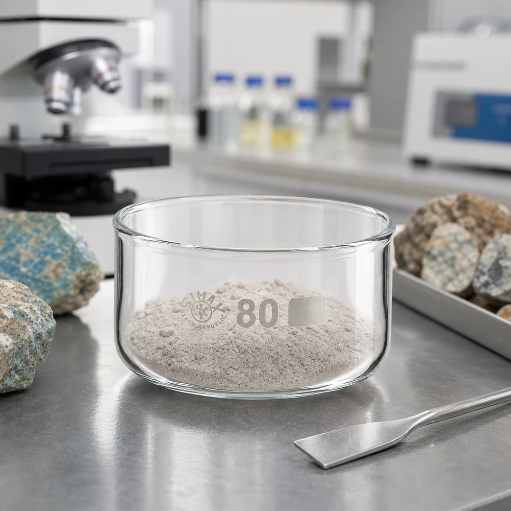 Échantillons de roches et cuvette de cristallisation de 150 ml contenant de la poudre de roche dans le laboratoire géologique SIMAX