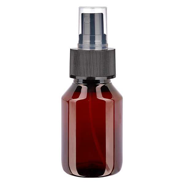 Flacon médical de 50 ml en PET, avec spray noir GCMI 28/410 et capuchon transparent standard Flacon médical de 50 ml en PET, avec spray noir GCMI 28/410 et capuchon transparent standard