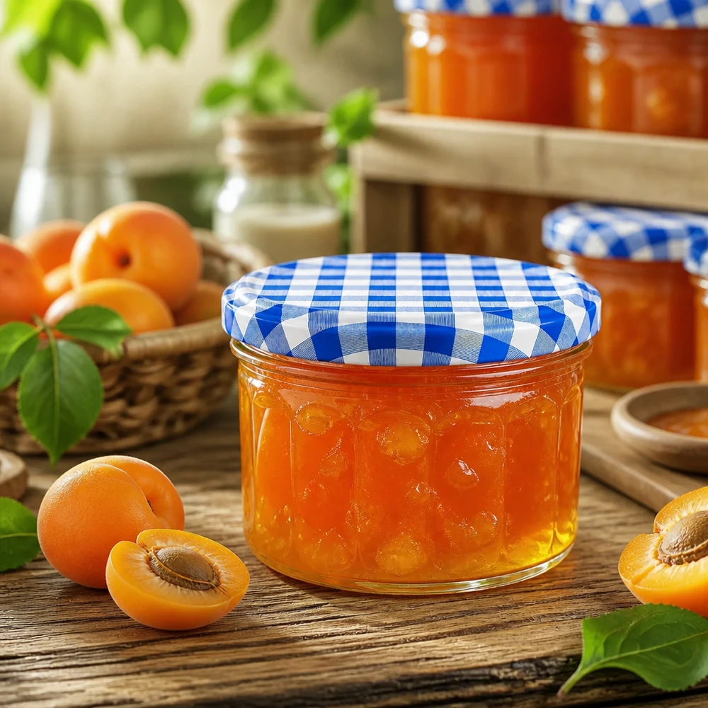 Confiture d'abricots en pot cylindrique de 230ml avec couvercle BasicSeal à carreaux bleus et blancs, pot à confiture rempli