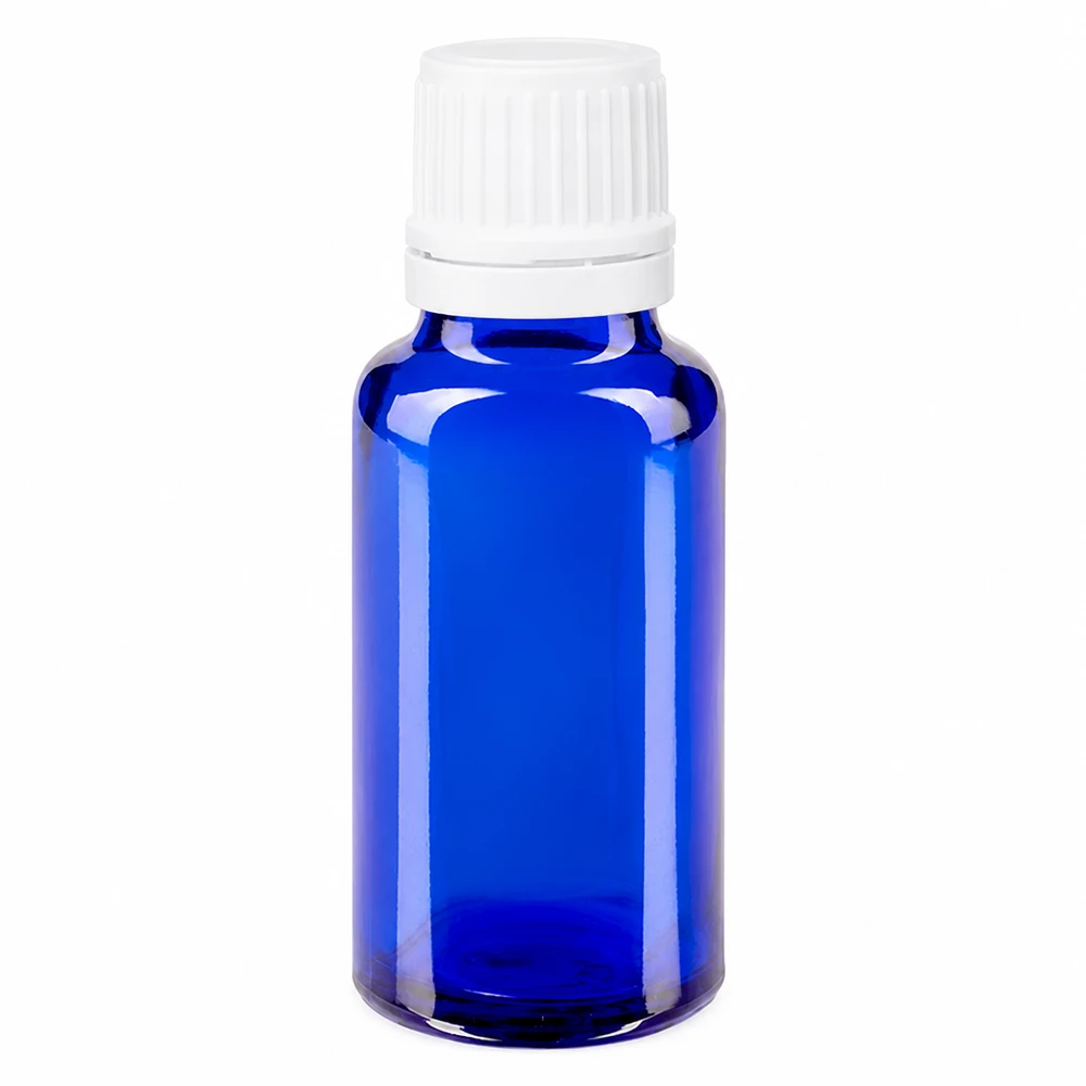 Flacon à pharmacie bleu 20ml bouchon à vis blanc bouchon d'originalité Petite bouteille en verre bleue de 20 ml avec bouchon d'origine blanc à sécurité enfant pour les gouttes