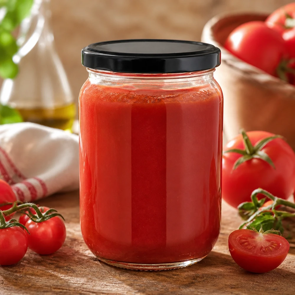 Bocal rond en verre BasicSeal de 555 ml avec couvercle noir à visser pour sauce tomate maison