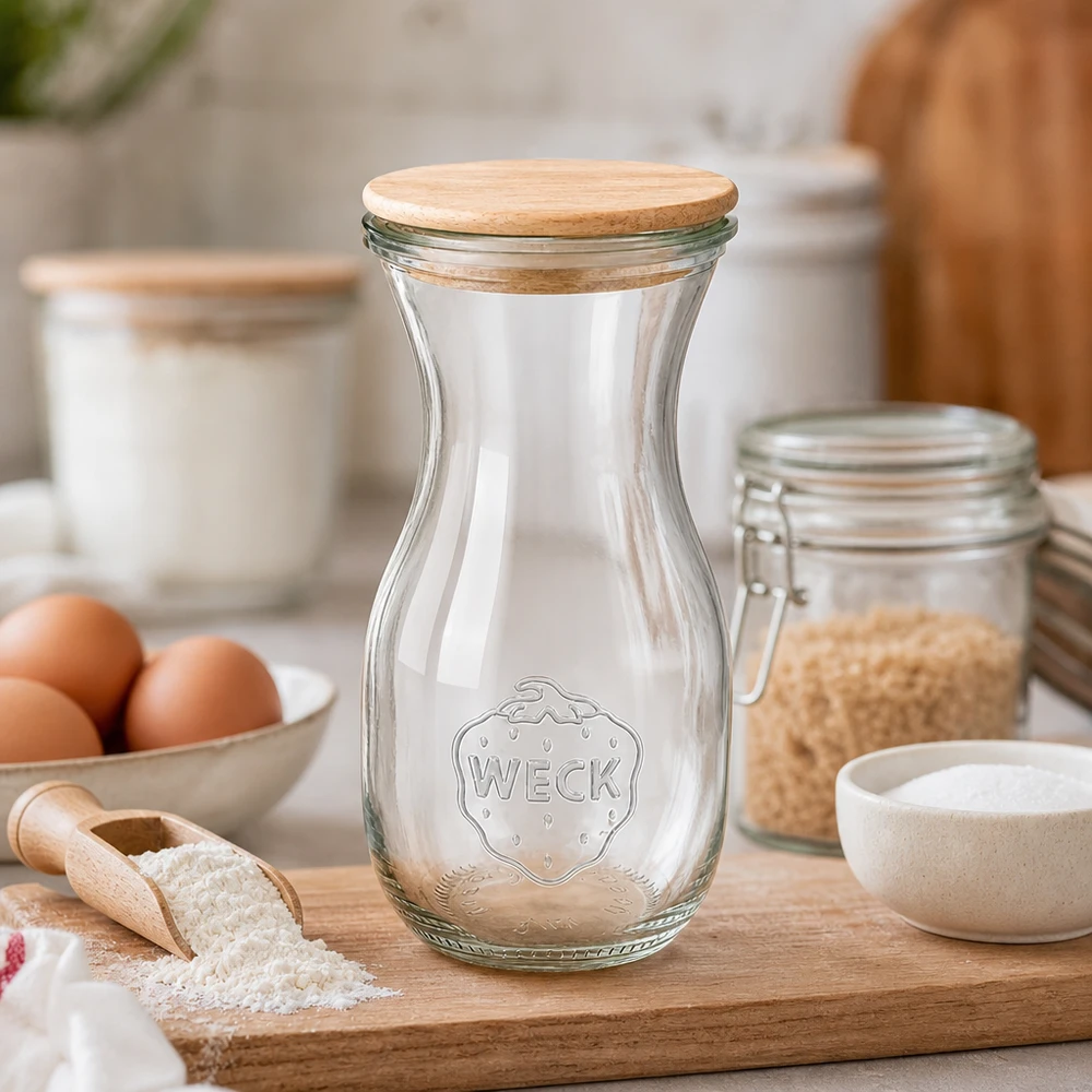 290ml Bouteille à jus de fruits WECK RR60 avec couvercle en bois WECK Bouteille de jus 290ml avec couvercle en bois sur une planche de cuisine entre les ingrédients de cuisson, la farine, les œufs et les bocaux de stockage