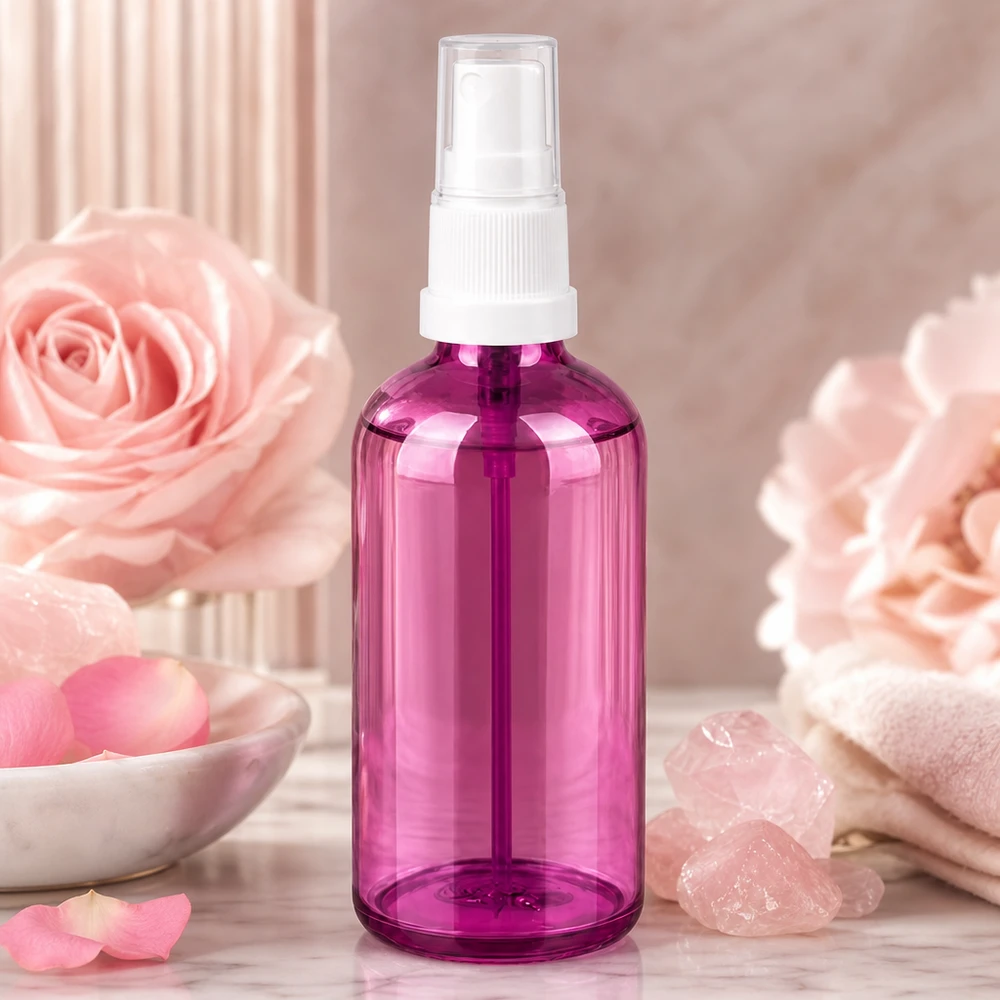 Flacon moderne de 100 ml avec embout vaporisateur dans un coloris violet tendance pour la routine beauté