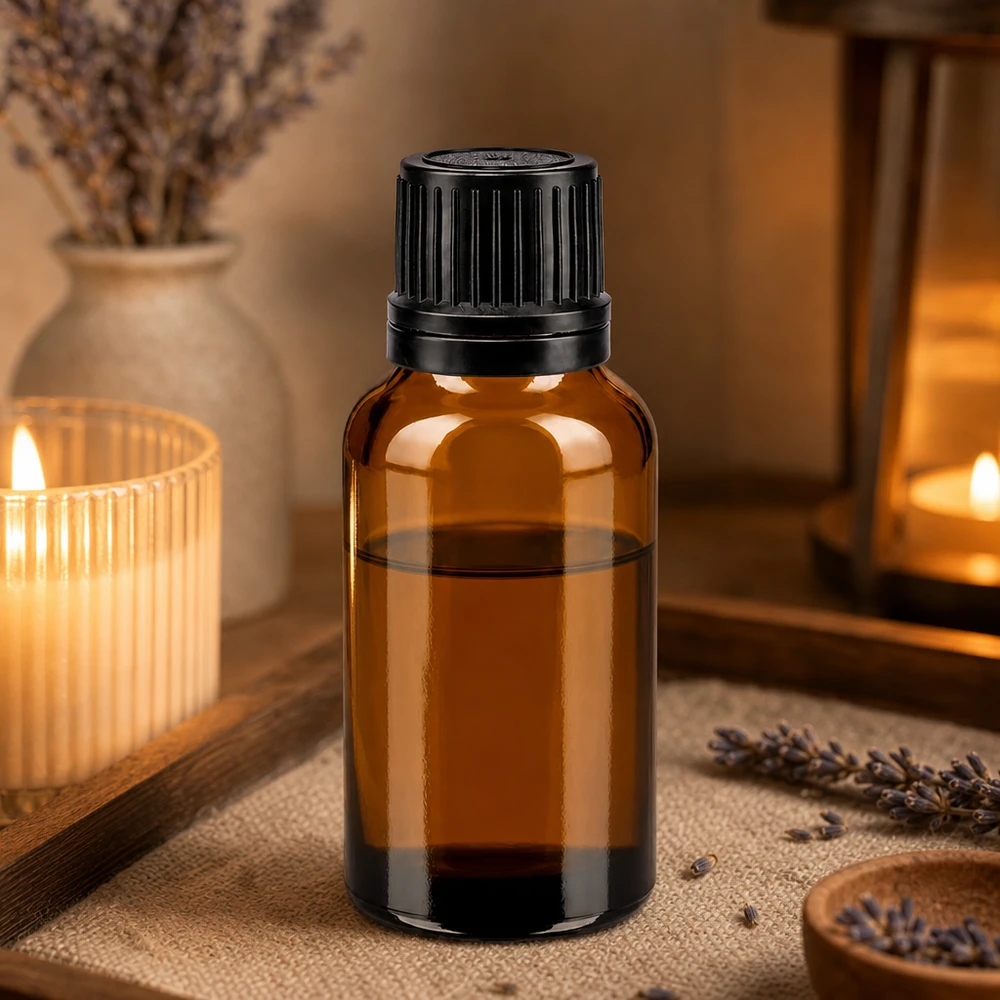 Flacon en verre brun de 20ml avec bouchon vissable noir et bague verseuse Flacon de pharmacie de 20 ml en verre anti-UV, avec un goulot de 8 mm et un bouchon de sécurité noir