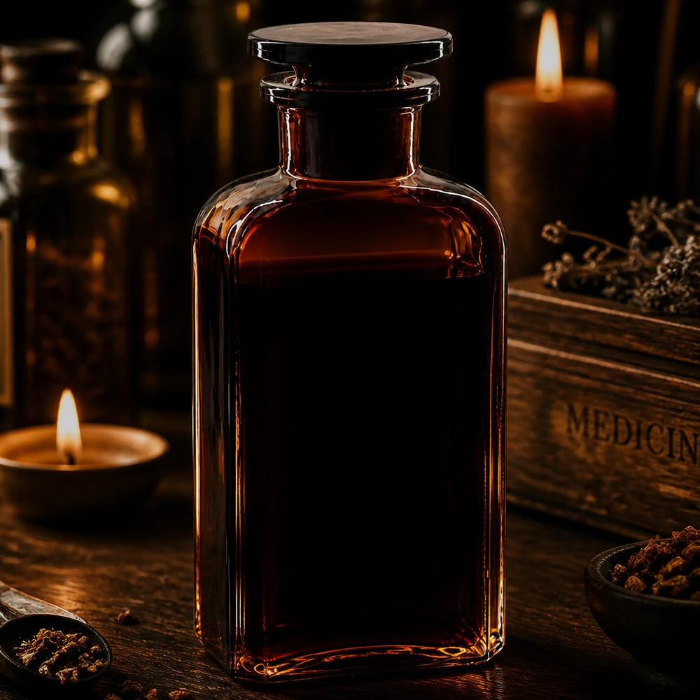 Flacon carré col large 250 ml + bouchon RIN, verre ambré Bouteille de conservation en verre ambré de 250 ml, de forme carrée, à large ouverture, avec bouchon en verre, pour herbes médicinales