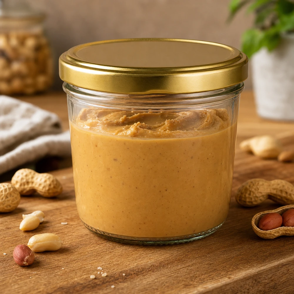 230ml Verre conique avec couvercle BasicSeal or UNiTWIST Pot renversé de 230 ml avec couvercle doré BasicSeal rempli de beurre de cacahuètes entouré de cacahuètes sur planche en bois
