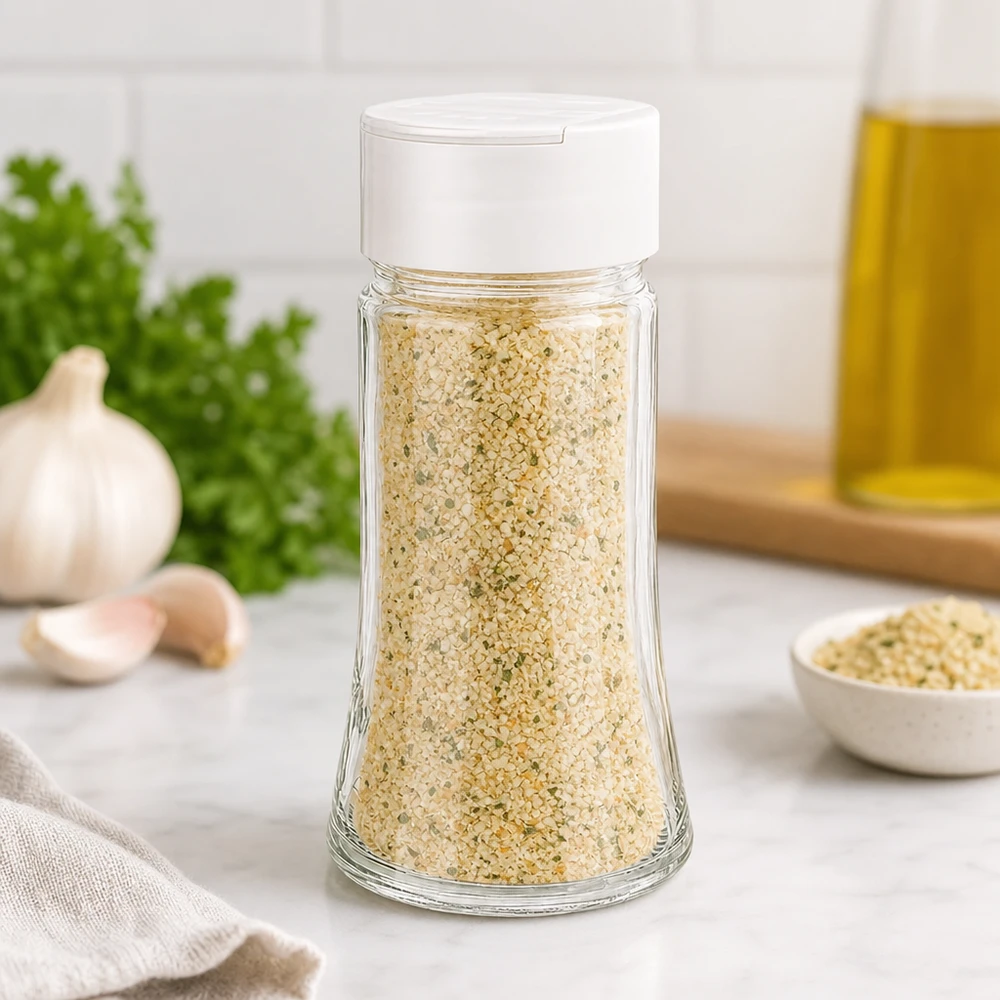 Pot à sel/épices 95 ml avec double saupoudreuse, blanc Pot à épices de 95 ml rempli de sel à l'ail, avec un couvercle blanc à double saupoudreuse, à côté de persil frais
