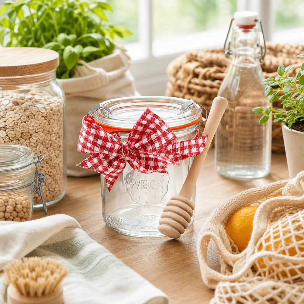 WECK Mini bocal en verre 140ml set complet Décoration de cuisine conservation durable cuillère à miel bois herbes aromatiques bocaux à provisions