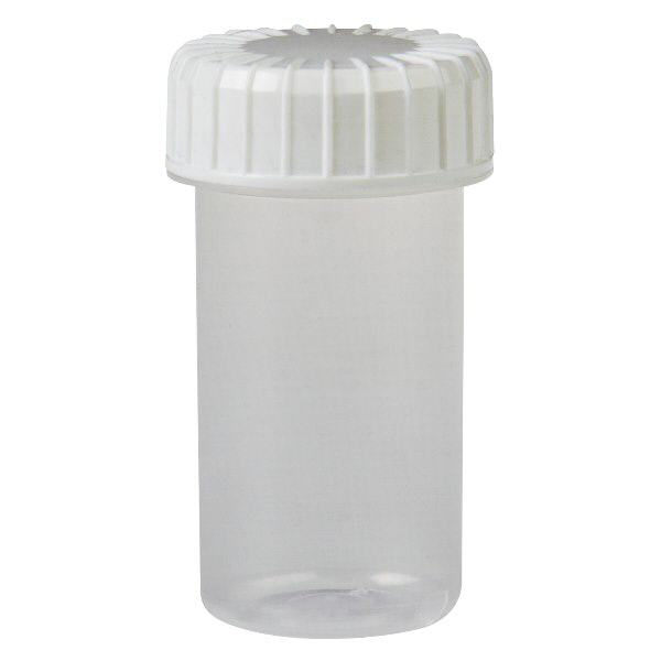 Pot en plastique transparent 20 ml + couvercle à vis blanc strié en PE, fermeture standard