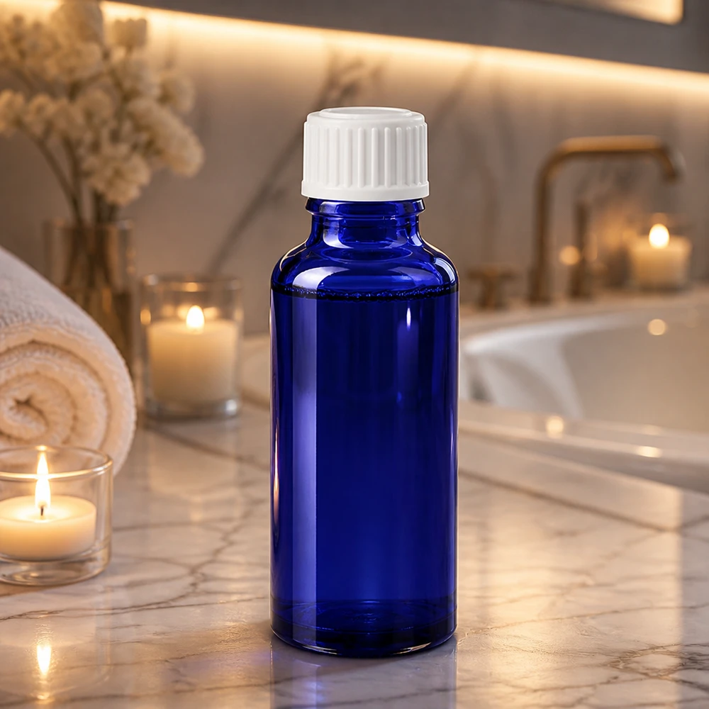 Flacon compte-gouttes bleu de 30 ml en verre anti-UV avec bouchon à vis blanc, destiné aux produits cosmétiques