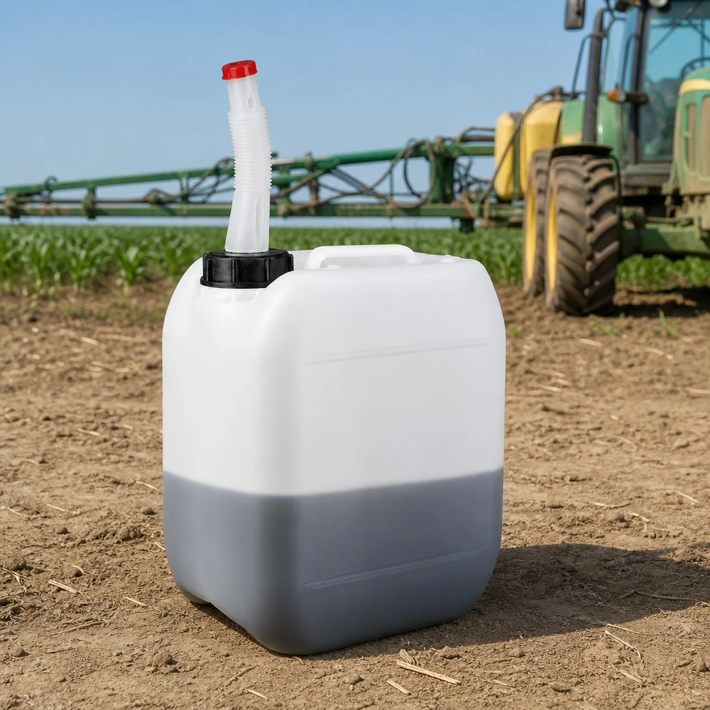 Bidon 5 litres avec tuyau d'écoulement Flex Bidon en plastique blanc de 5 litres muni d'un bouchon rouge sur le bec verseur, posé sur un champ agricole