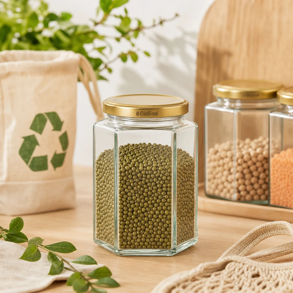 390ml Verre hexagonal avec couvercle BioSeal or UNiTWIST UNiTWIST Hexa390 Bocal de stockage avec couvercle BioSeal pour les légumineuses Haricots mungo dans une cuisine durable avec recyclage