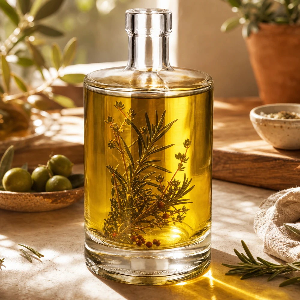Bouteille en verre 500 ml « Marie » sans bouchon UNiTWIST® Bouteille en verre Marie de 500 ml remplie d'huile aux herbes et de branches de romarin comme exemple d'utilisation pour la cuisine et la décoration