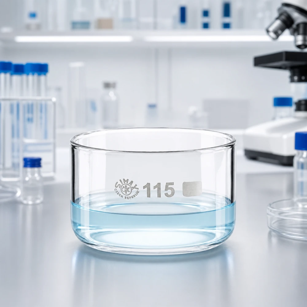 Coupe en verre borosilicaté transparent de 115 mm de diamètre contenant un liquide bleu clair, posée sur une paillasse de laboratoire