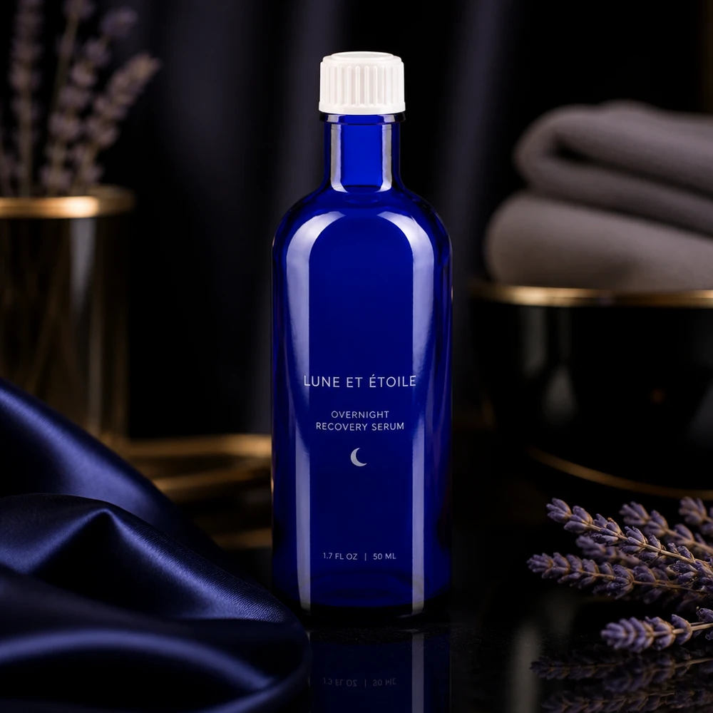 Flacon de pharmacie bleu 200ml bouchon vissable blanc standart Une bouteille élancée en verre bleu avec un bouchon blanc, posée à côté d'une tige de lavande sur une surface brillante