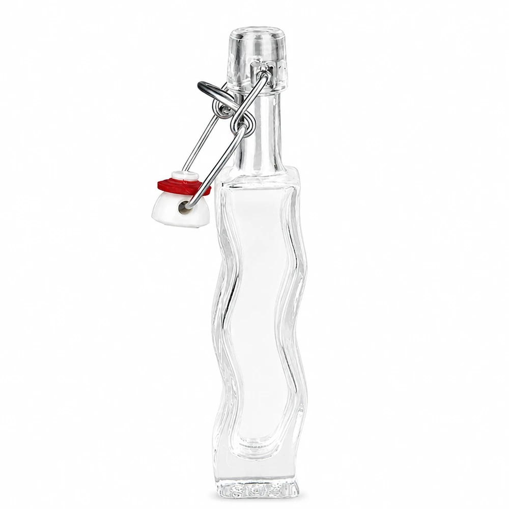 Flacon en verre « Fila » 40 ml avec bouchon en PVC UNiTWIST® Bouteille en verre Anna de 40 ml avec joint en caoutchouc rouge sur le bouchon à étrier, vue latérale détaillée de la forme incurvée