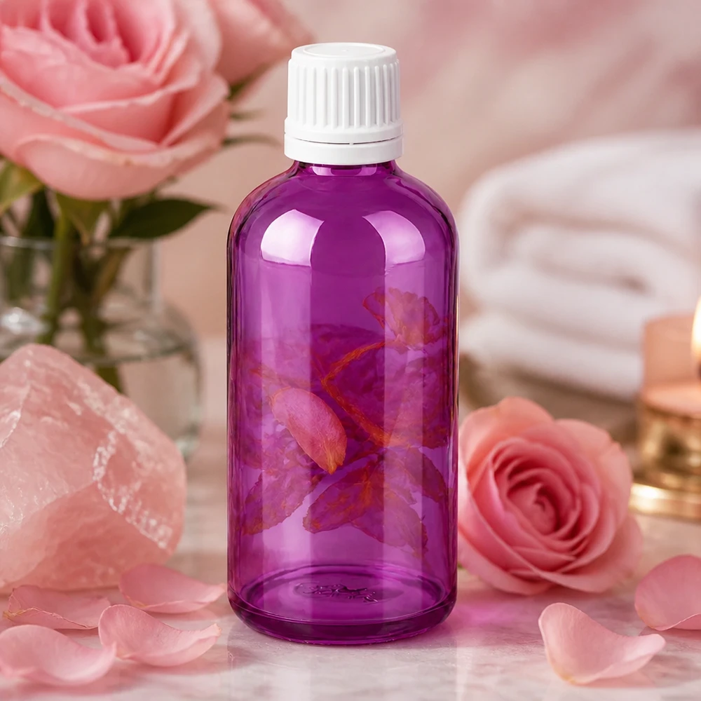 Flacon en verre violet de 100 ml avec protection UV et bouchon à vis blanc pour les substances sensibles à la lumière