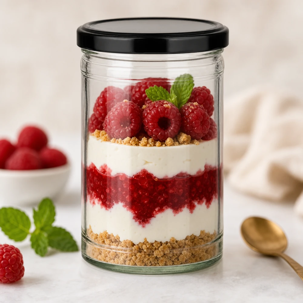 1053ml Verre conique avec couvercle BasicSeal noir UNiTWIST 1053ml Sturzglas mit schwarzem Deckel als Dessertglas mit Himbeer-Schichtdessert und Keksboden dekoriert mit Minze