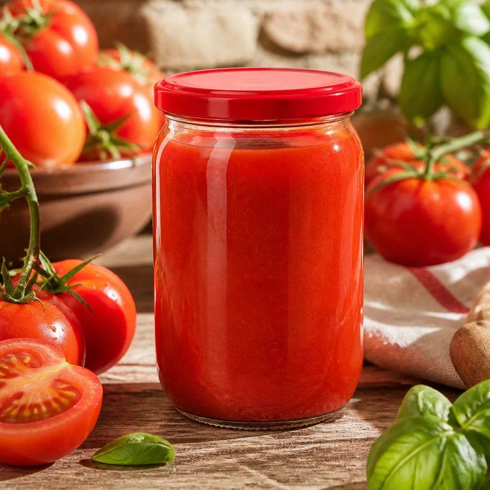 Passata de tomates en conserve dans un bocal rond UNiTWIST de 555 ml avec un couvercle BasicSeal rouge, posé sur une surface en bois