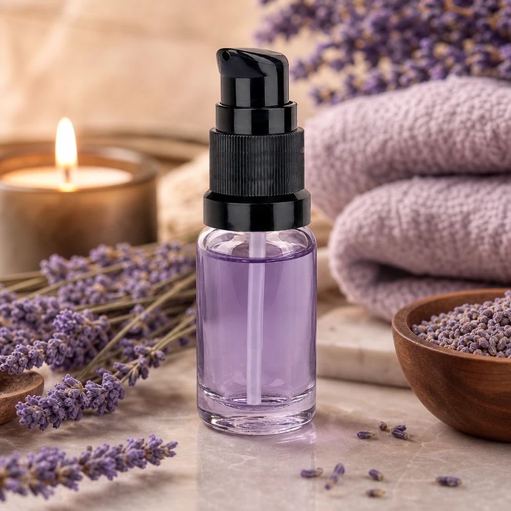 Flacon pompe compact de 10 ml STD ClearLine UT18/10 contenant un sérum violet parmi des fleurs de lavande