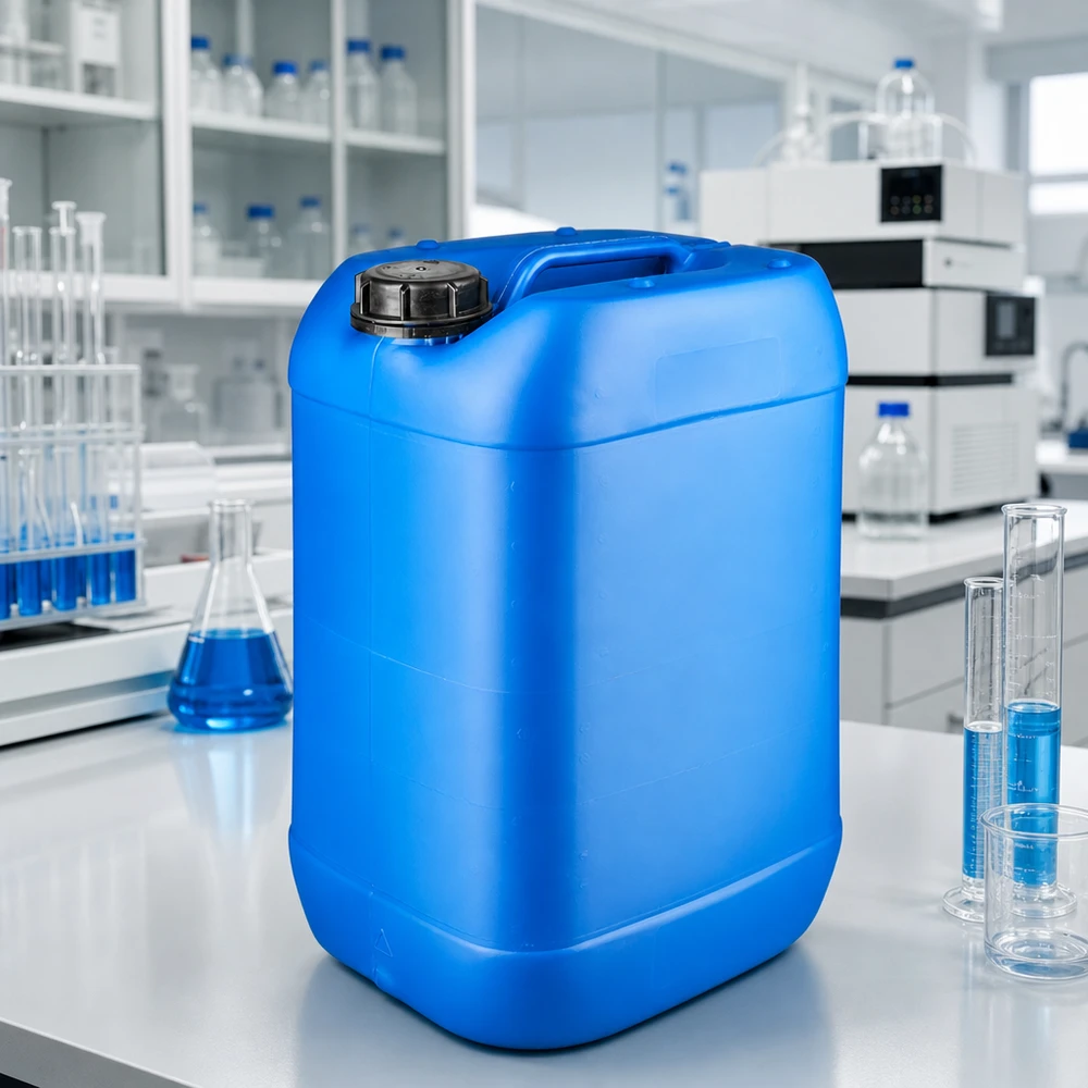 Bidon robuste en PEHD de 25 litres, bleu, avec bouchon d'origine sécurisé, destiné aux produits chimiques