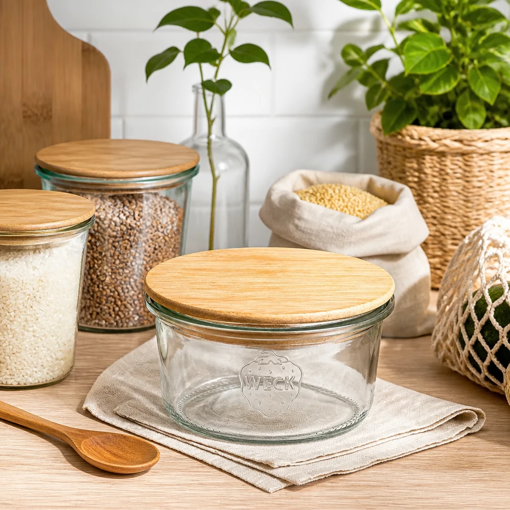 WECK Pot renversé RR80 165ml vide avec couvercle en bambou dans la cuisine durable Zero-Waste avec bocaux à provisions