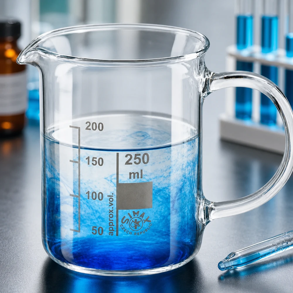 Bécher avec poignée 250ml en verre borosilicate résistant à la chaleur (forme normale) Verre borosilicaté résistant à la chaleur, bécher de 250 ml avec bec verseur et anse ergonomique