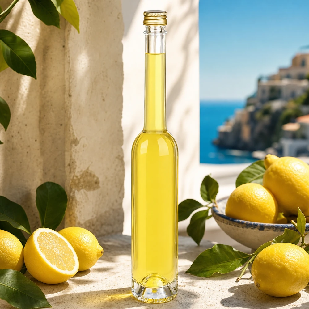 Bouteille en verre Toni de 100 ml remplie de liqueur de citron - bouchon en or UNiTWIST dans un décor méditerranéen avec des citrons