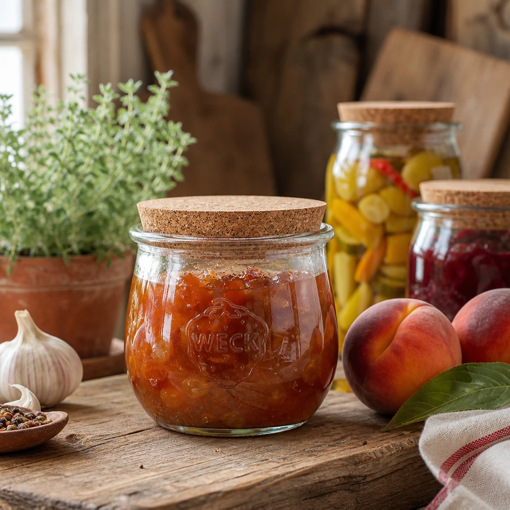 WECK Pot de conservation 370ml avec couvercle en liège rempli de confiture dans une cuisine rustique à côté de pêches fraîches