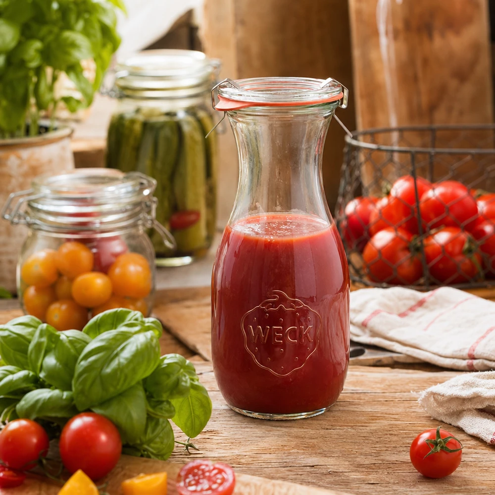 WECK Bouteille de jus 530ml avec jus de tomate sur table en bois entourée de tomates fraîches et de basilic dans la cuisine