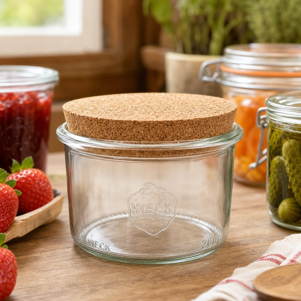 WECK Pot de conserve 200ml RR80 avec couvercle en liège dans la cuisine rustique à côté de la confiture et des cornichons marinés