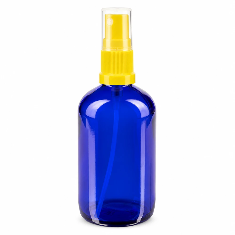 Flacon vaporisateur ApoGlas bleu de 100 ml avec bouchon de protection transparent et pommeau jaune