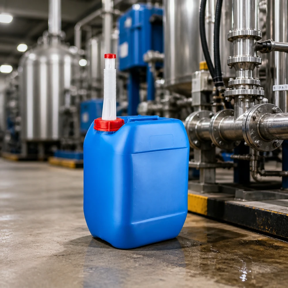 Bidon rectangulaire en plastique de 10 litres, bleu, avec bec verseur flexible et bouchon rouge