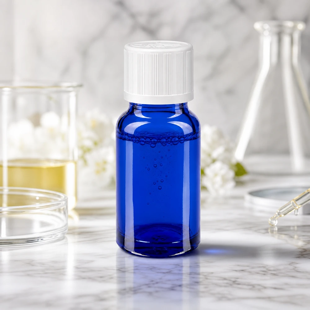 Flacon en verre bleu cobalt de 10 ml avec bouchon de sécurité blanc, posé sur une surface en marbre