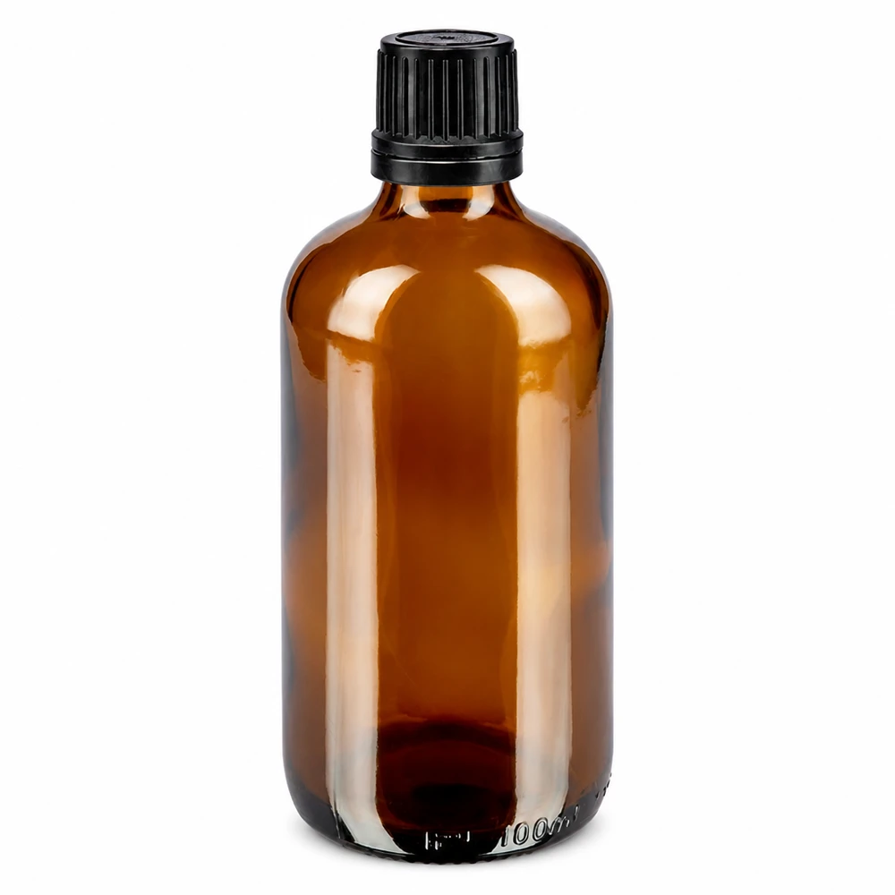 Flacon compte-gouttes en verre brun de 100 ml avec bouchon OV noir à sécurité enfant, pour médicaments et huiles