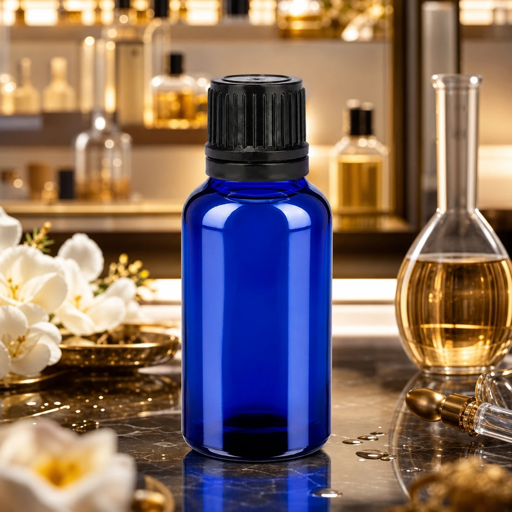 Flacon 20ml 11mm SV noir OV BlueLine UT18/20 Bouteille compacte en verre bleu de 20 ml avec bouchon noir, idéale pour les voyages et les déplacements