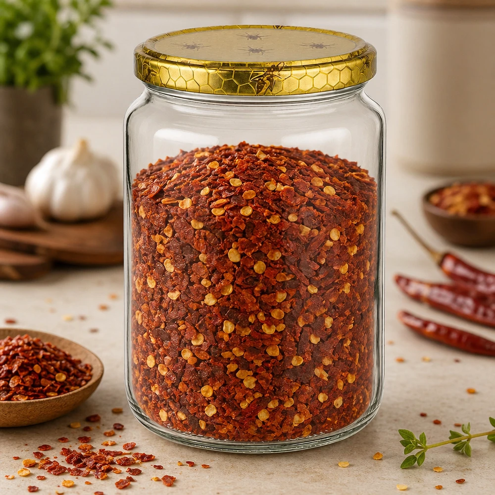 Pot de miel de 1000g avec couvercle en nid d'abeille rempli de flocons de piment et d'épices sur table en bois Cuisine Matériel d'apiculture