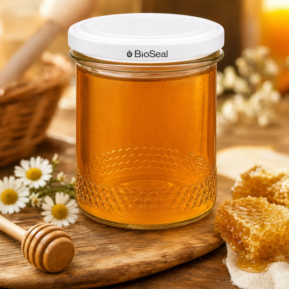 Pot à miel UNiTWIST de 400 ml rempli de miel à côté de rayons d'abeilles et de dipper de miel montre l'atmosphère traditionnelle de l'apiculture