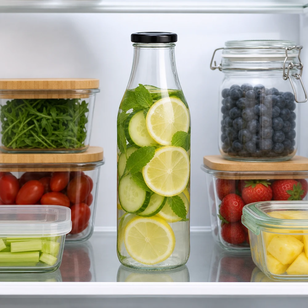 1000ml Bouteille avec couvercle BasicSeal noir UNiTWIST 1000ml Glasflasche mit Gurken-Zitronen-Infused-Water im Kühlschrank zwischen frischem Obst und Gemüse