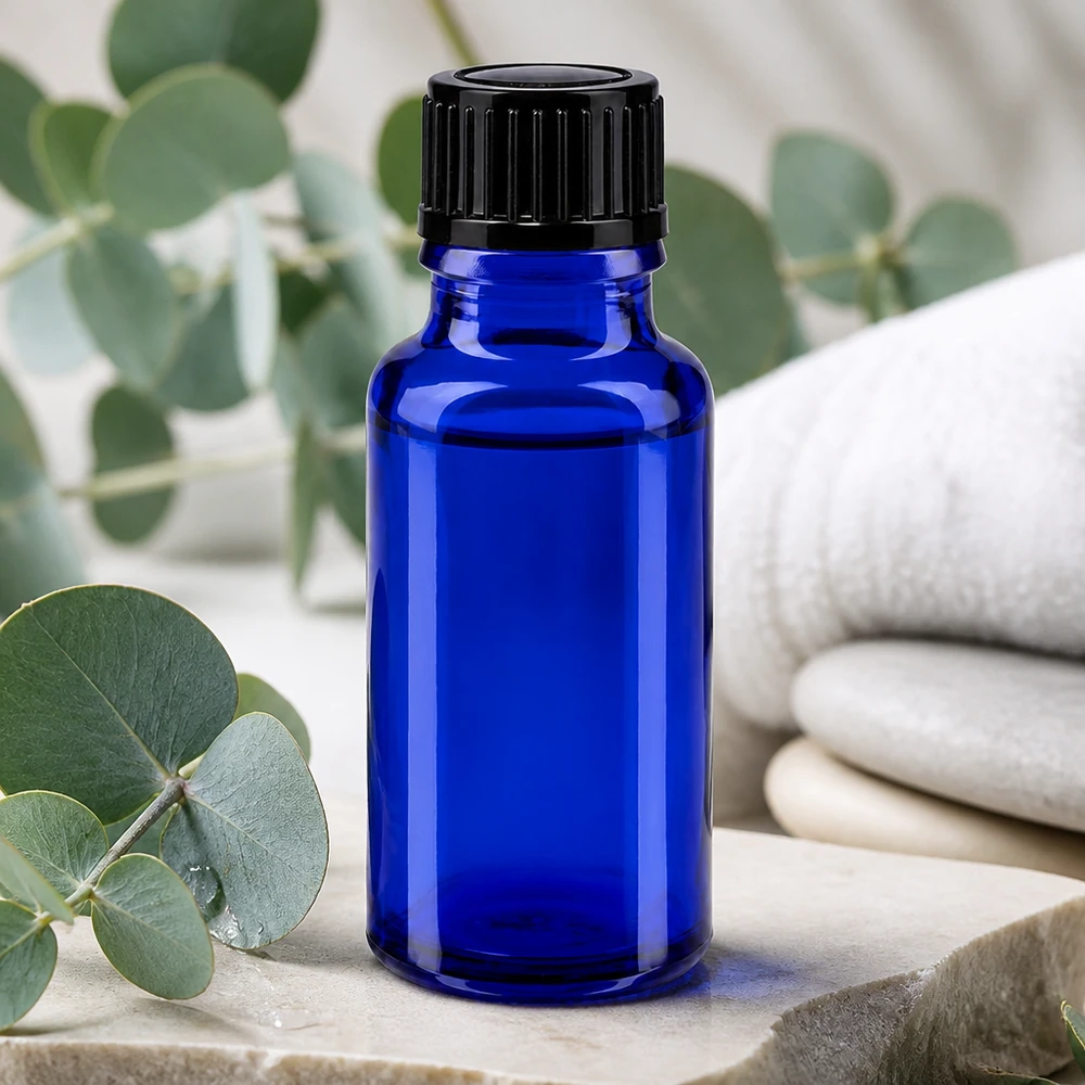 Flacon à pharmacie bleu 20ml bouchon à vis noir standard Flacon en verre bleu cobalt de 20 ml avec bouchon standard de 11 mm, destiné à l'aromathérapie et aux produits de bien-être