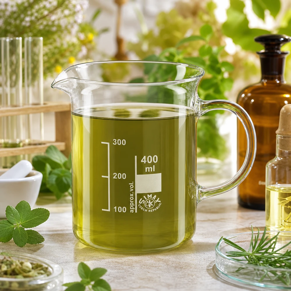 Bécher avec poignée 400ml en verre borosilicate résistant à la chaleur (forme normale) Bécher en verre résistant à la chaleur de 400 ml avec anse, adapté aux huiles à base de plantes et aux extraits botaniques