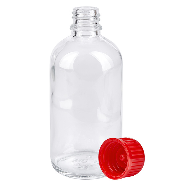 Flacon 100ml 11mm SV rouge STD ClearLine UT18/100 Flacon en verre transparent de 100 ml avec bouchon à vis rouge de 11 mm, modèle ClearLine UT18/100, vide