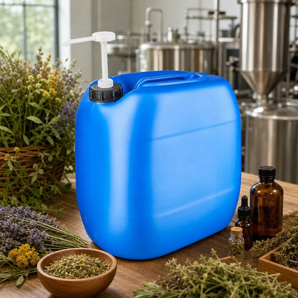 Bidon de grande capacité de 30 litres, bleu, avec pompe intégrée, pour extraits d'herbes et hydrolats