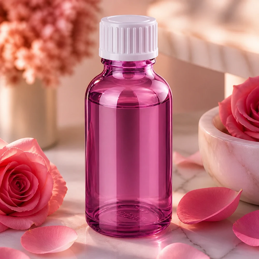 Flacon de 30ml (globules). Anneau de coulée 3mm blanc Standard PurpleLine. UT18/30 Flacon en verre pourpre de 30 ml avec couvercle blanc - parfait pour les parfums et les teintures