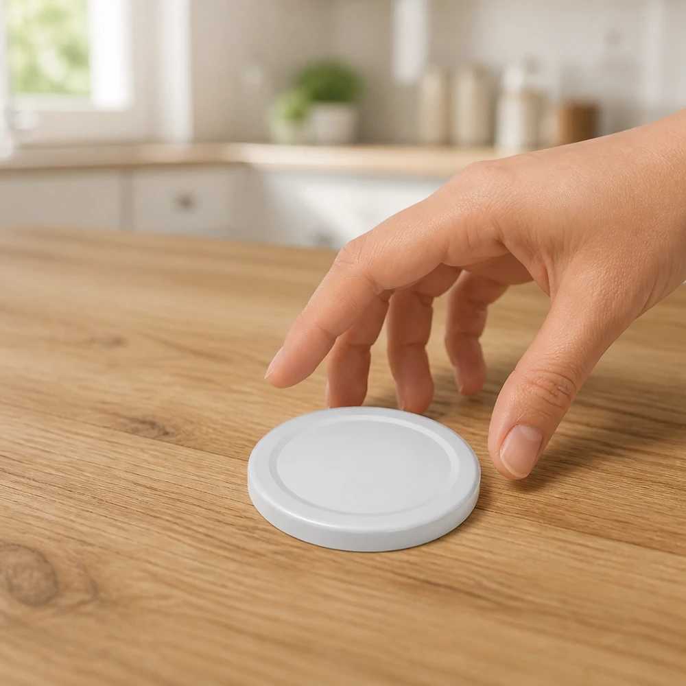 Couvercle blanc TO66deep 66 mm UNiTWIST – Gros plan sur la position de la poignée, cuisine, fond en bois