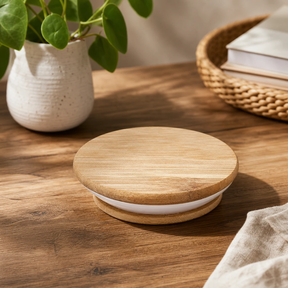 Couvercle en bois RR60 WECK Couvercle en bois WECK RR60 sur table en bois dans une ambiance naturelle avec plante et panier comme photographie de produit Lifestyle